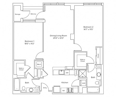 Floor plan for 2 beds, 2 baths, 1250 sqft